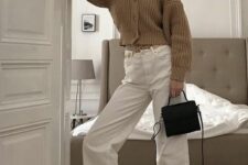 10 a chic Parisian look with a beige chunky cropped cardigan, white cropped jeans, two-tone slingbacks and a black bag