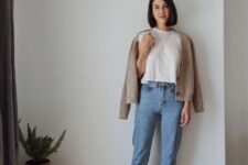 18 a neutral fall outfit with a white t-shirt, blue cropped jeans, a neutral cardigan, grey slippers