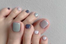 21 a delicate pastel pedicure with all different nails – white, light green and grey ones is a lovely idea to rock