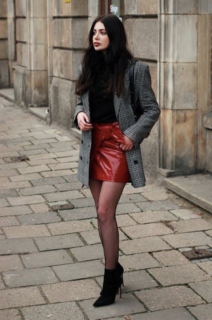 With black fitted turtleneck, gray checked long blazer, fishnet tights and black suede ankle boots