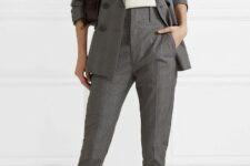 With leather crossbody bag, gray cropped pants and white lace up flat shoes