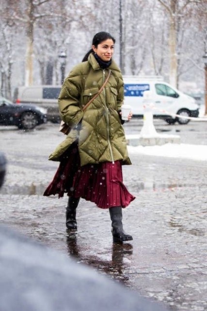 With marsala pleated midi skirt, black high boots and brown crossbody bag