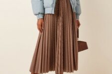 With printed high-waisted pleated midi skirt, brown leather bag and black mid calf boots