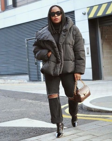 With sunglasses, dark gray distressed cuffed jeans, brown leather chain strap bag and black patent leather high heeled boots