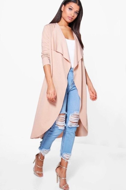 With white top, light blue distressed jeans and silver high heels