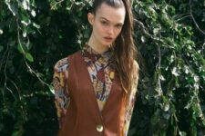 a bold boho fall look with a colorful printed turtleneck, a brown leather pinafore dress with gold buttons is amazing