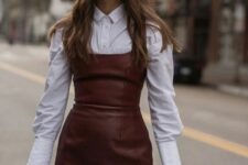 a white shirt, a burgundy leather mini dress are all you need to look hot, bold and very fall-like