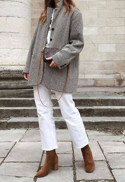 a white top, white mom jeans, rust-colored velvet boots, a grey plaid coat and a printed bag