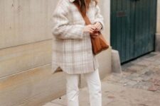 white jeans, a plaid shirt jacket, burgundy boots and a rust-colored bag are a great combo for the fall