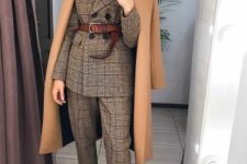 03 a brown plaid pantsuit, a brown belt, burgundy sock boots, a beige coat for a super cool business look