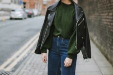 03 a chic fall look with a green sweater, blue jeans, a black leather jacket, yellow shoes is a gorgeous idea