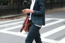 04 a dark green tartan pantsuit, a white shirt, brown snakeskin flats, a brown bag for a chic and cool look on holidays