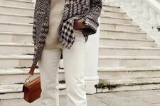 05 a creamy sweater, a plaid shirt jacket, white jeans, brown boots and a brown bag for maximal comfort