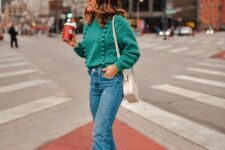 06 a green patterned sweater, blue cropped jeans, neutral boots and a neutral bag are a nice combo for Thanksgiving