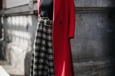 10 a chic outfit with a blakc turtleneck, plaid culottes, black shoes and a red coat is style and classics