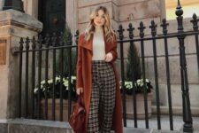 11 a pretty work outfit with a neutral turtleneck, brown plaid trousers, a brown coat, black loafers and a brown bag