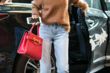 14 a white t-shirt, a brown jumper, blue cropped jeans, hot red boots and a hot red bag for wearing this fall