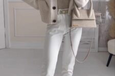 15 an all-neutral look with white cropped jeans, grey loafers, a greyish top, a creamy cropped cardigan and a neutral bag