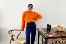 20 a bright fall outfit with an orange jumper, bold blue pants – add shoes and go