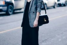 27 a black slip dress, black boots, a grey plaid blazer and a black bag for a simple chic look