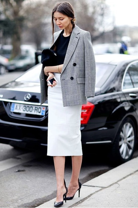 a black top, a creamy midi pencil skirt, black shoes and a grey plaid blazer for a work outfit