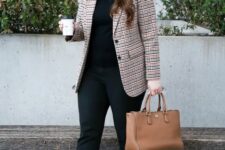 29 a black turtleneck, black jeans, a brown plaid blazer, brown shoes and a tote are a chic and comfy work look