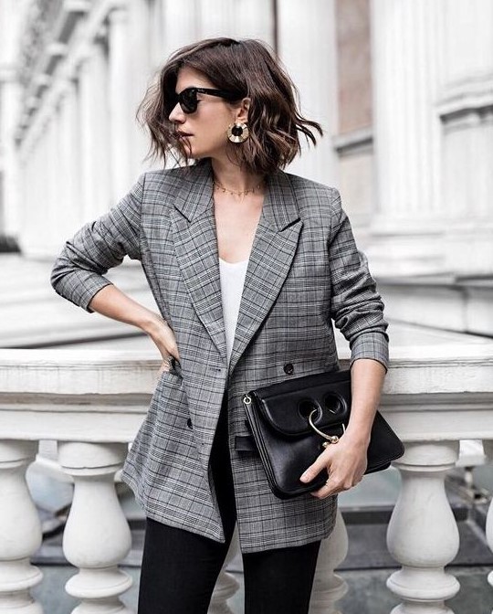a grey plaid blazer, a white top and black pants can eb worn to work