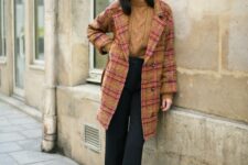 32 a mustard patterned sweater, black cropped pants, a bold mustard plaid coat, brown velvet shoes