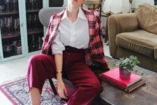 36 fuchsia culottes, a white shirt, a pink and fuchsia plaid blazer and nude shoes for a super bold winter work look