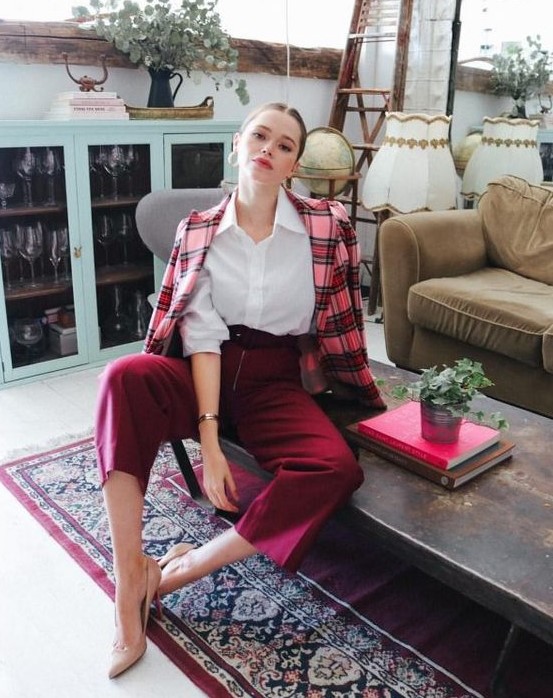 fuchsia culottes, a white shirt, a pink and fuchsia plaid blazer and nude shoes for a super bold winter work look