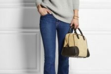 With beige and brown bag and beige high heels