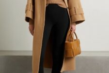 With beige midi coat, brown leather bag and black leather flat shoes