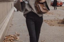 With black flare cropped pants, brown leather mid calf boots, sunglasses and brown leather bag