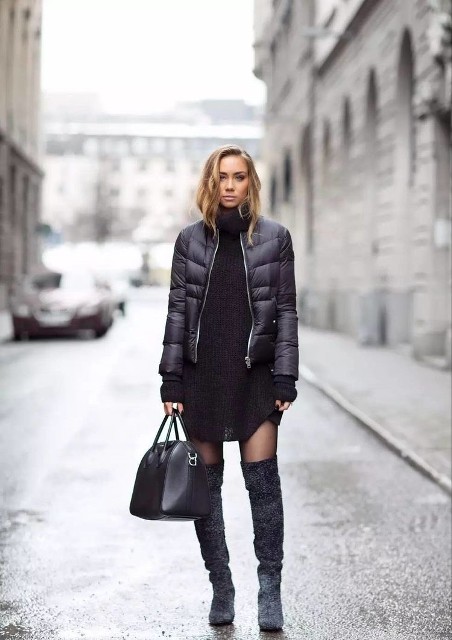 With black leather bag and gray over the knee boots