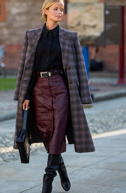 With black leather embellished belt, checked midi coat, black leather bag and black leather high boots