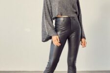 With black leather high-waisted skinny pants and black and white zebra printed mid calf heeled boots