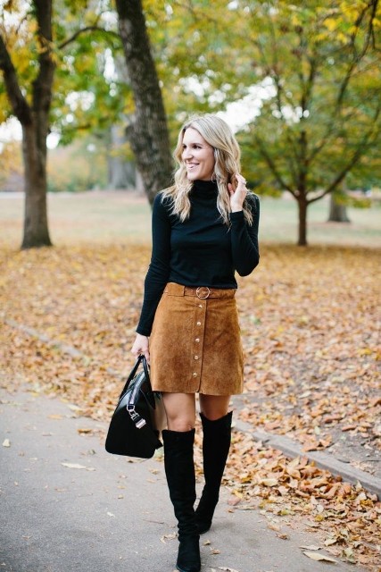 With black suede over the knee boots and black leather tote bag