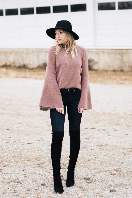 With black wide brim hat, blue skinny jeans and black suede over the knee boots