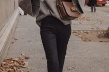 With dark brown leather bag and brown leather mid calf boots