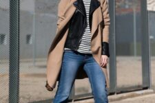 With gray hat, sunglasses, black leather jacket, beige knee-length coat, leopard printed bag and black leather boots