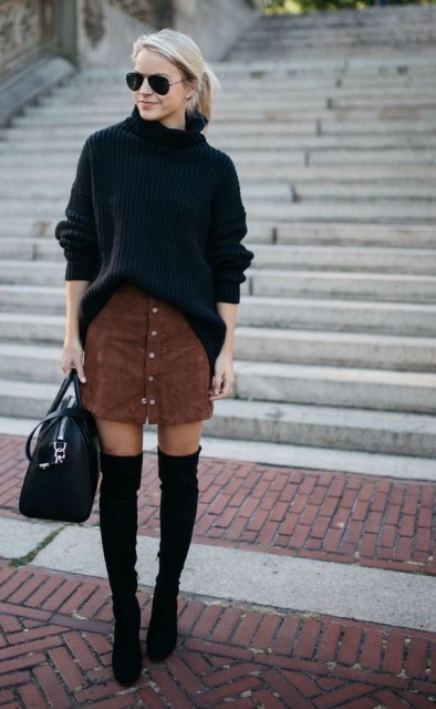 With sunglasses, black leather tote bag and black suede over the knee boots