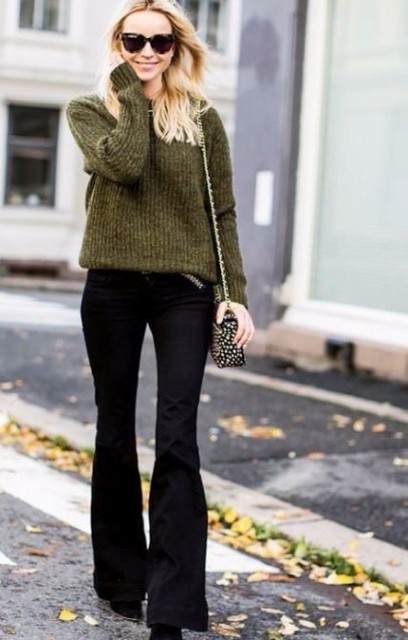With sunglasses, black suede boots and black embellished chain strap bag
