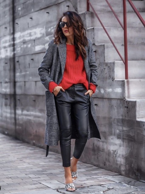 With sunglasses, gray checked belted midi coat and snake printed mules