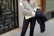 a Breton stripe jumper, black pants, black loafers, a black blazer are a great combo for the fall