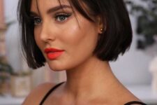 a beautiful dark brown chin length bob with textural bangs is a lovely idea that is always on style