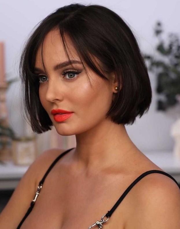 a beautiful dark brown chin length bob with textural bangs is a lovely idea that is always on style