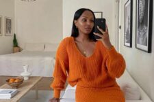 a beautiful orange Thanksgiving outfit with a suit – a jumper and a midi skirt is amazing