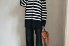 a black Breton stripe sweater, black jeans, brown loafers and a brown bag are a lovely combo for the fall
