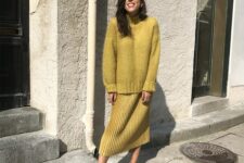 a chic and lovely gold look with an oversized jumper, a pleated midi skirt, floral shoes for Thanksgiving