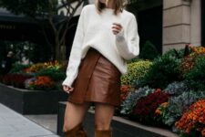 a creamy oversized jumper, a brown wrap skirt, brown boots are a lovely combo for the fall and Thanksgiving